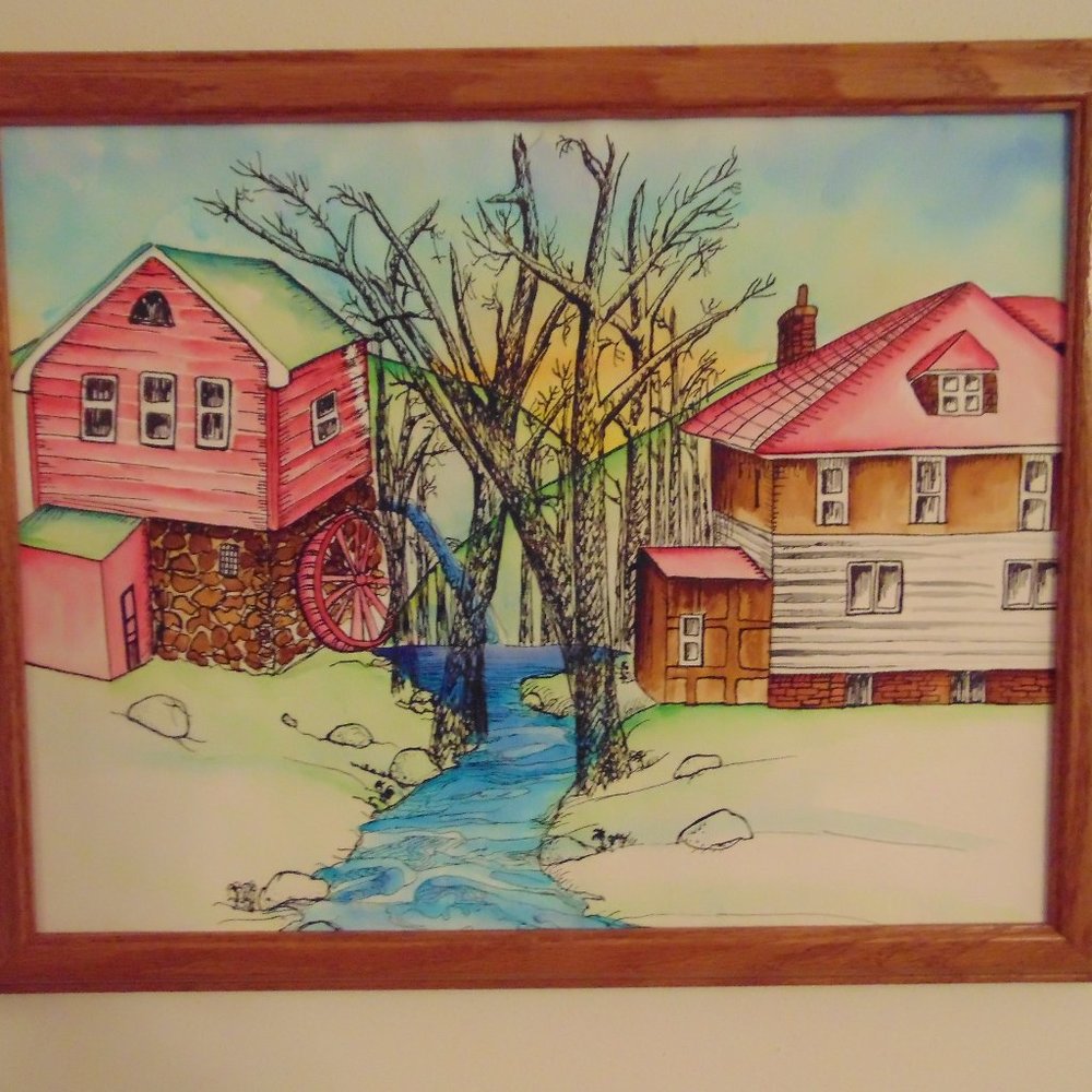 Country Scene, Original Watercolor Painting, Wood Frame, 12.5x15.5